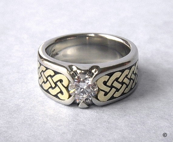 White and Yellow Gold Celtic Eternity Heart Shield Ring flush set .50ct Diamond